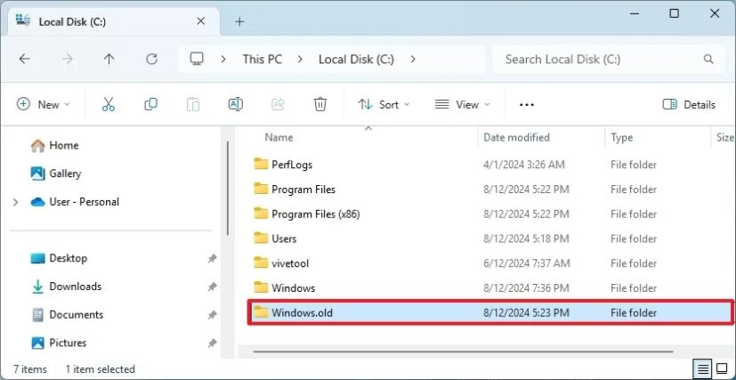 Dossier Windows.old après la mise à niveau