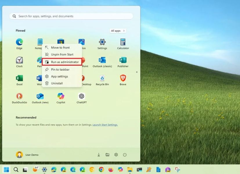 Menu Démarrer de Windows 11 Exécuter en tant qu'administrateur