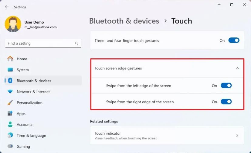 Paramètres des gestes de bord de l'écran tactile