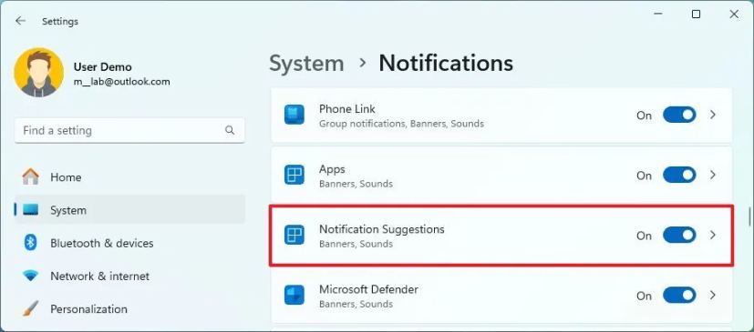 Suggestions de notifications Windows 11