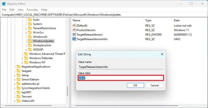 Valeur TargetReleaseVersionInfo 24H2